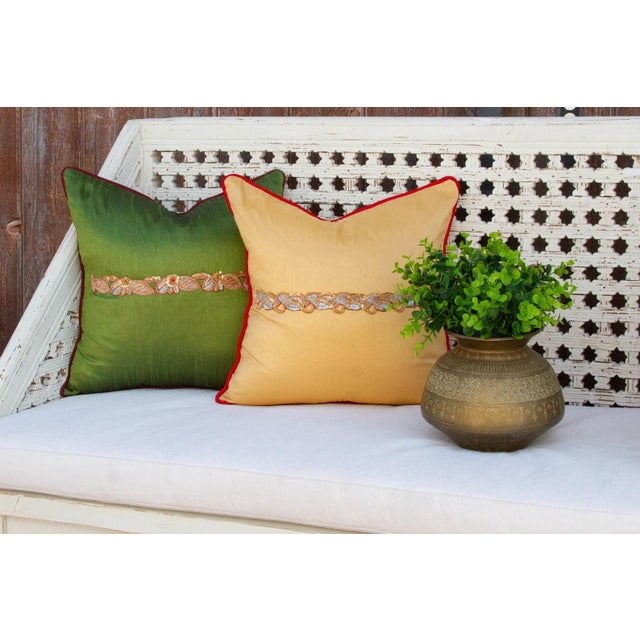 Olive Peacock Sage Silk Blend Pillow Cover For Sale - Image 4 of 4