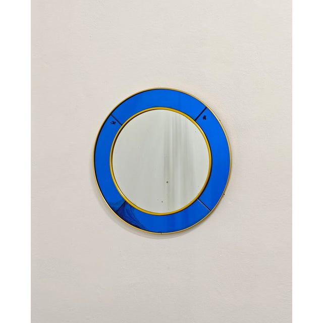 Vintage Circular Wall Mirror in Cobalt Blue Glass and Brass from Cristal Art, 1950s For Sale - Image 12 of 12