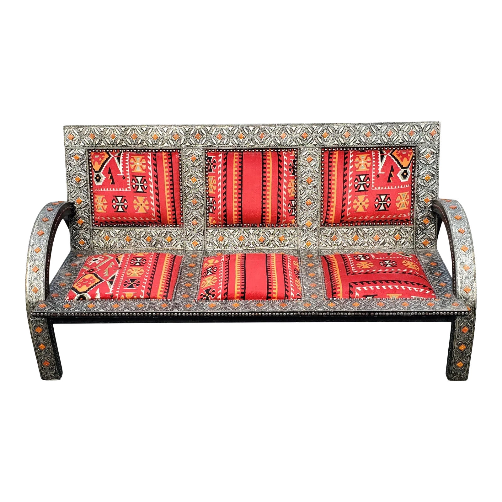 Handmade Moroccan Cedar Wood and Metal Inlay Bench | Chairish, image size:1600x1600