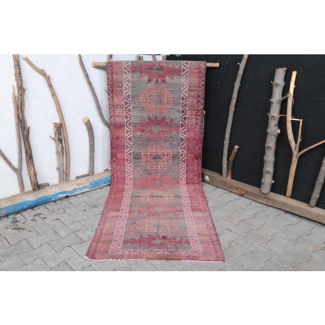 Dark Pink 1960's Vintage Turkish Hand-Knotted Hallway Runner-3' X 11'6" For Sale - Image 8 of 11