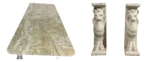 20th C. Console Table Cast Stone Winged Lion Pedestals & Marble Top