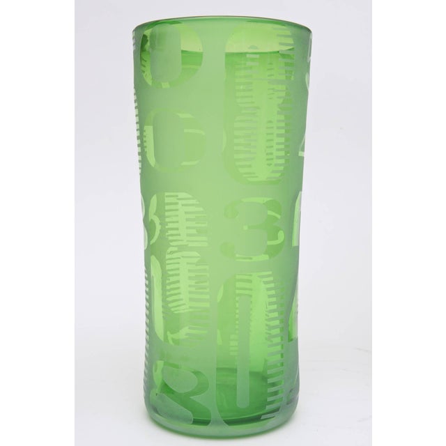 Abstract Vintage Trio of Three Graduated Frosted and Etched Numbered Glass Vases 1980's For Sale - Image 3 of 10