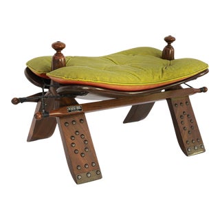 Vintage Mid Century Camel Saddle Footstool Signed M. Hayat & Bros. For Sale