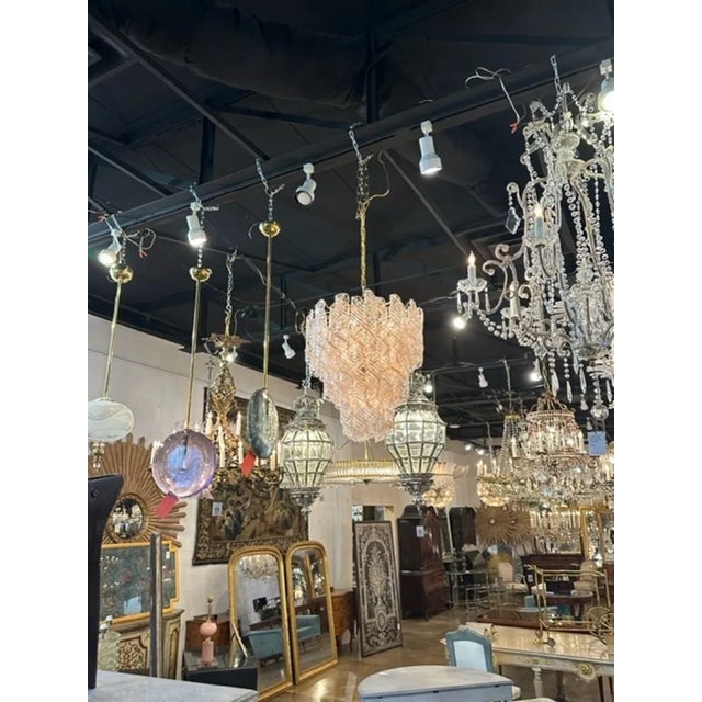 Gorgeous vintage blush colored Murano glass waterfall chandelier. Beautiful spirals of textured glass. Amazing!!