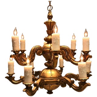12-Light Baroque Style Carved Gilt Wood Chandelier, Denmark, Circa:1935 For Sale