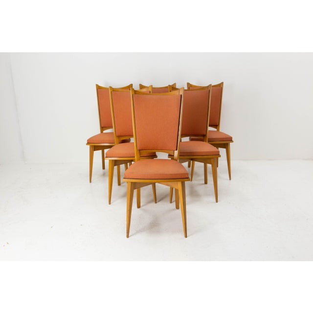Mid-Century Dining Chairs in Beech and Red Moleskine, France, 1950s, Set of 6 For Sale - Image 4 of 13