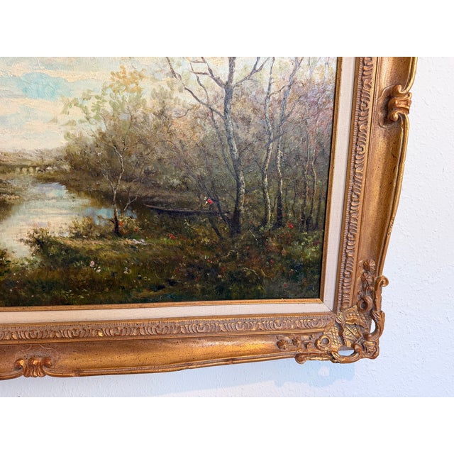 Mid 20th Century Large Vintage Oil Painting River Landscape Signed E. Lawson, Gold Ornate Frame For Sale - Image 5 of 8