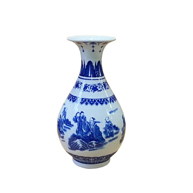 Chinese Chinese Oriental Blue White Porcelain Graphic Scenery Vase For Sale - Image 3 of 6