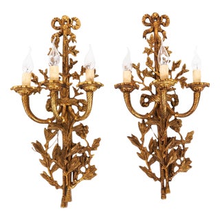 Antique French Louis Revival 3-Branch Ormolu Wall Lights, 1920s, Set of 2 For Sale