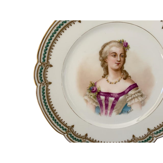 Manufacture de Sevres 19th C Sèvres Marked Plate Madame Du Barry Signed Debrie Green-Gold Ribbon Made in France c.1890-1910 For Sale - Image 4 of 10