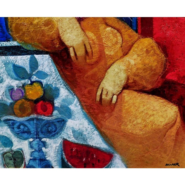 Textile Sunol Alvar "Reposo Sobre Las Frutas" Original Oil on Canvas Custom Frame For Sale - Image 7 of 10
