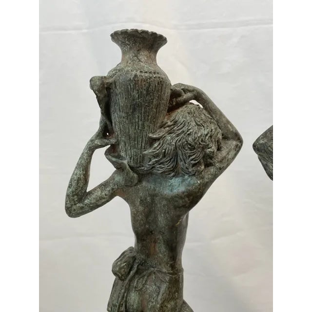 Green Nymphs Carrying Urns, Boy and Girl Statues, a Pair For Sale - Image 8 of 13