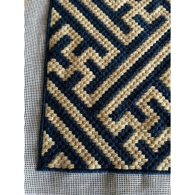 Mid-Century Modern 1970s Geometric Needlepoint Navy Blue and Cream Finished Canvas For Sale - Image 3 of 7