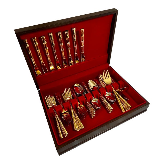 1960s Gold-Plated Stainless Steel Bamboo Flatware Set- 55 Pieces For Sale