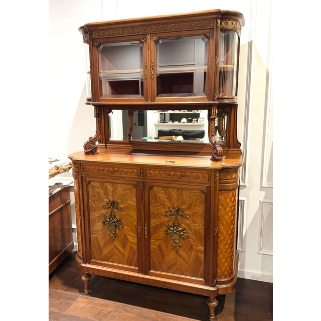 Louis XVI Style Commode Brass/Bronze Ormolu-Mounted Vitrine Buffet Sideboard with cube/diamond inlay motif. Intricate...