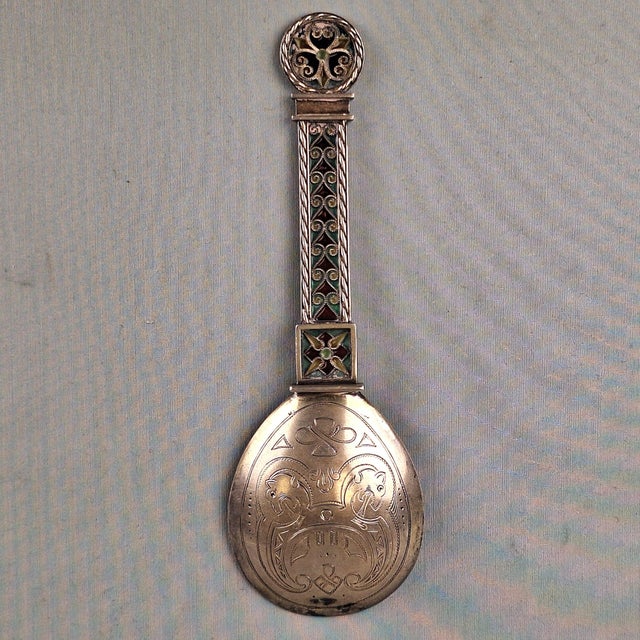 Antique 19th Century Norwegian Solid 925 Silver & Enamel Decorative Spoon by Jacob Tostrup in Christiania (Oslo). The...