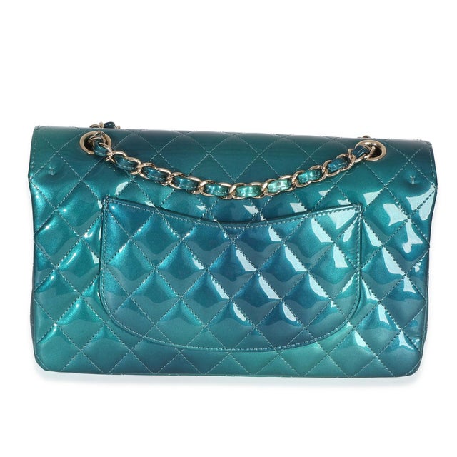 Chanel Green Blue Shaded Quilted Patent Medium Classic Double Flap Bag For Sale - Image 4 of 9