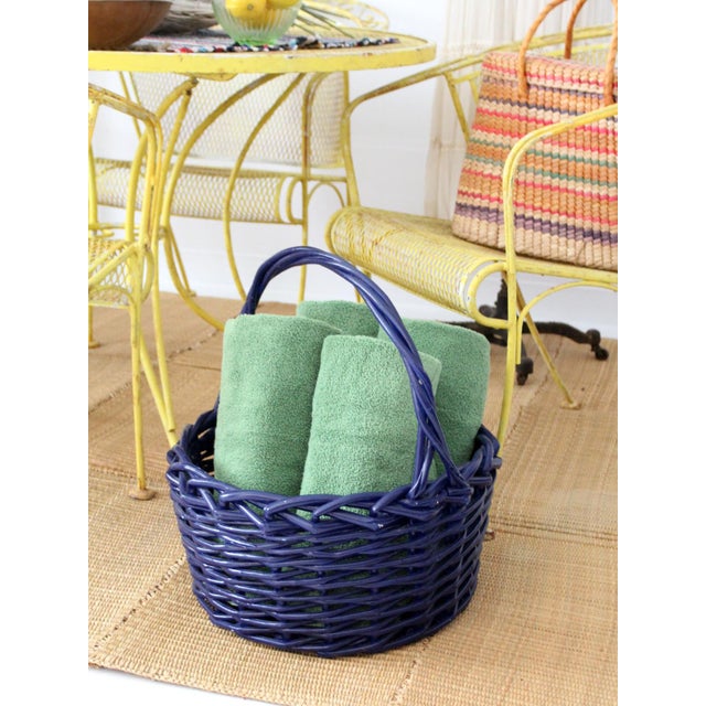 Large Vintage Blue Wicker Basket With Handle For Sale - Image 12 of 13