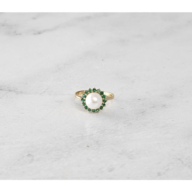 Pearl & Emerald Halo Ring 14k Yellow Gold, Size 3.5 For Sale - Image 4 of 5