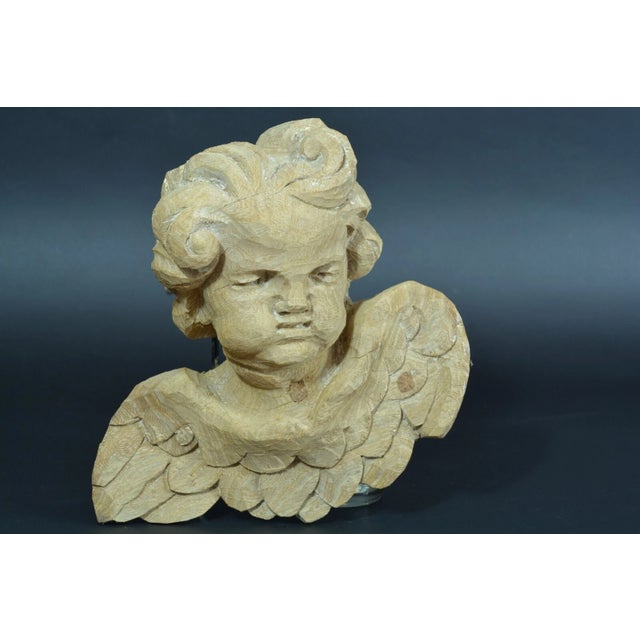Brown 17thc Italian XL Heavy Antique Renaissance Grimacing Angel Carved Wood Sculpture For Sale - Image 8 of 12