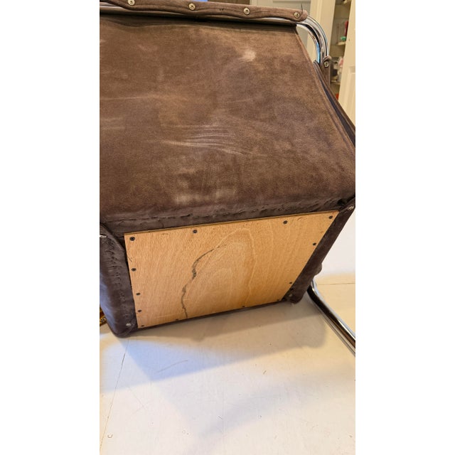 Chrome Vintage Chrome Cantilever / Sling Grey Leather Lounge Chair — Late 20th Century For Sale - Image 8 of 8