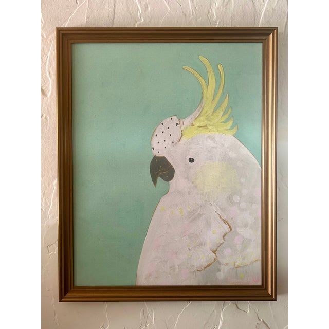 Wood Palm Regency Chic Original Portrait White Parrot, Signed by Artist For Sale - Image 7 of 8