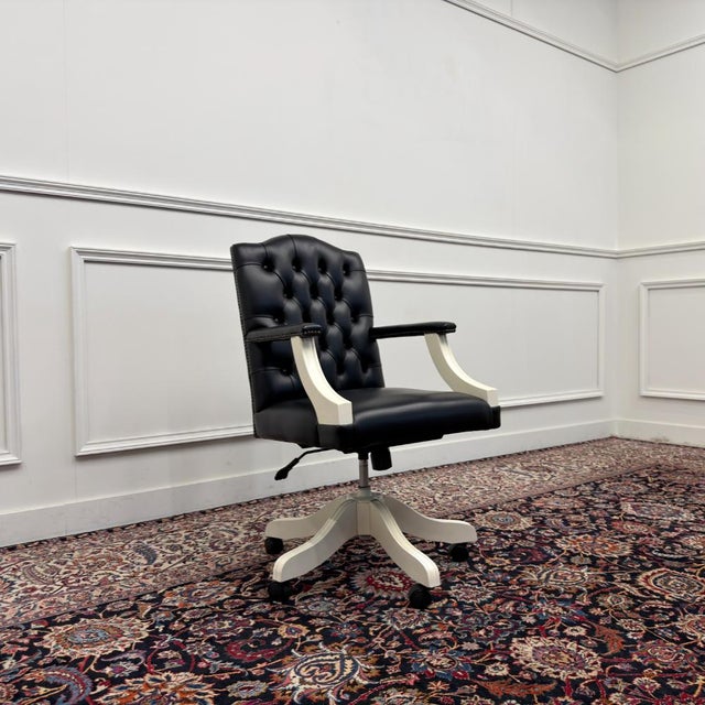 Wood Classic English White Chesterfield Office Chair For Sale - Image 7 of 8