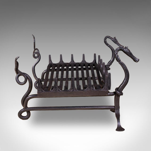 Traditional Antique Dragon Motif Fireplace Set, English, Fire Basket, Andirons, Edwardian For Sale - Image 3 of 12