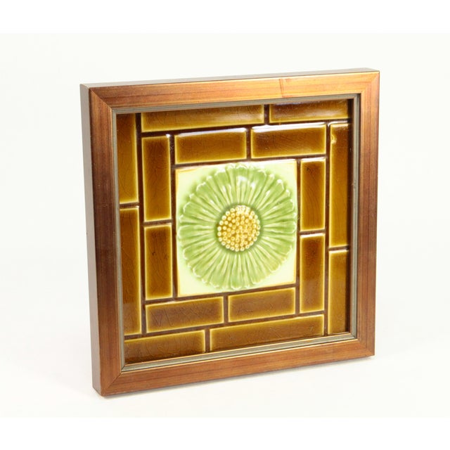 Art Nouveau 19th/20th C. English Art Nouveau Ceramic Majolica Glazed Tile With Flower, Framed For Sale - Image 3 of 6
