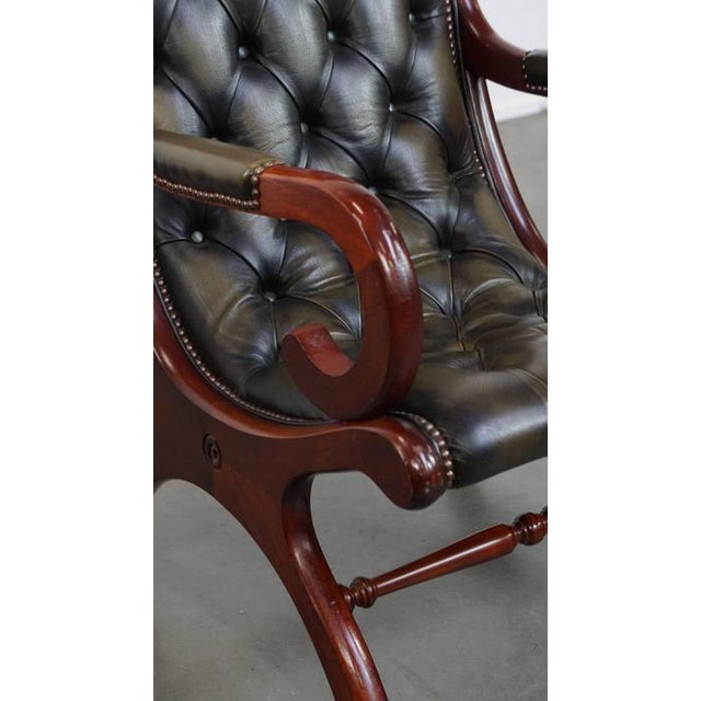 English Green Cowhide and Wood Chesterfield Armchair For Sale - Image 10 of 14
