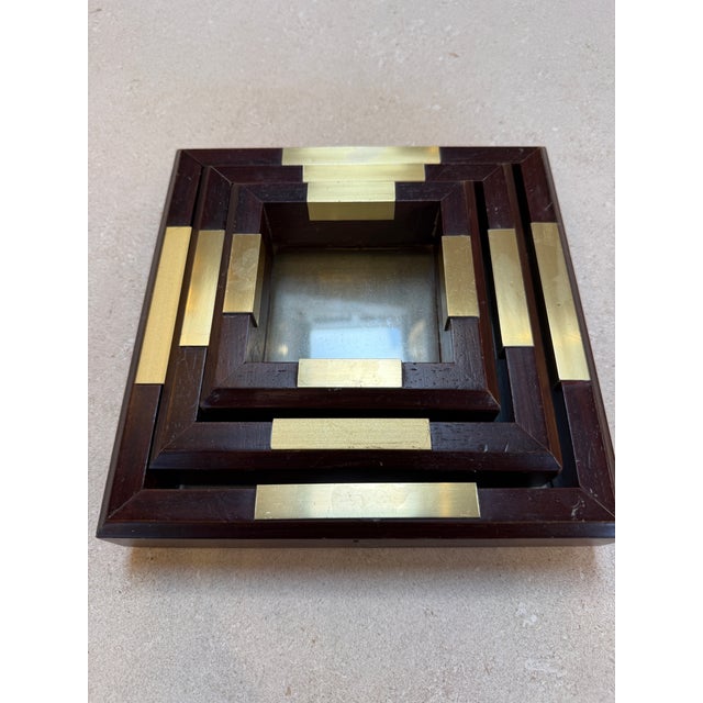Italian Set of Italian Wood and Brass Square Decorative Trays, 1970s For Sale - Image 3 of 8