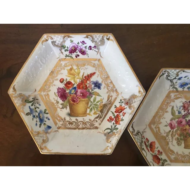 Fine pair early 19th century English Regency hexagonal porcelain serving dishes. Decorated with relief molded flowers and...