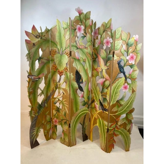 Mid-Century Modern Colorful Tropical Birds Amongst Exotic Foilage Painted & Carved Wood Room Screen For Sale - Image 3 of 10