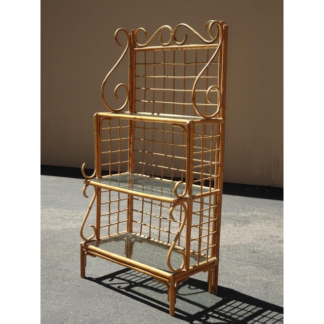 Vintage Bamboo Etagere Three Shelves w Glass Bakers Rack ~ Coastal in Good Vintage Condition. Solid and Firm. There is...