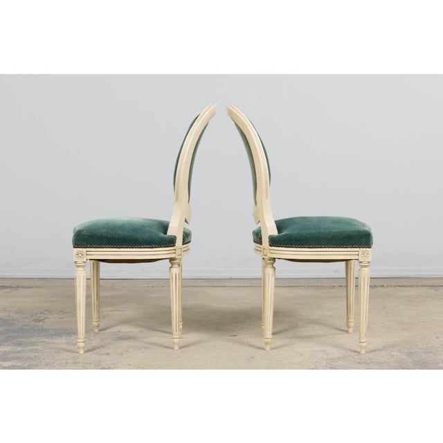 Antique French Louis XVI Style Painted Dining Chairs in Teal Mohair - Set of 8 For Sale - Image 11 of 18