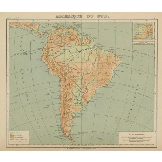 Antique Map of South America – Physical Relief Map by Hachette, c.1883 : This antique map titled “Amérique du Sud” was...