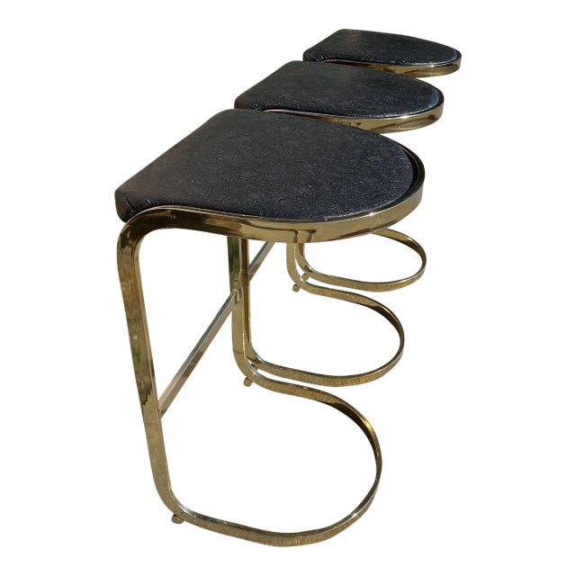 Mid Century Ranch Black Embossed Leather Stools - Set of 3 For Sale