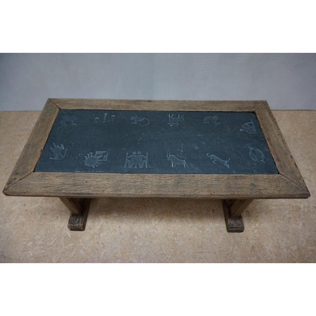 Brutalist Oak & Slate Stone Inlay Carved with Zodiac Signs Coffee Table, 1950s For Sale - Image 9 of 18