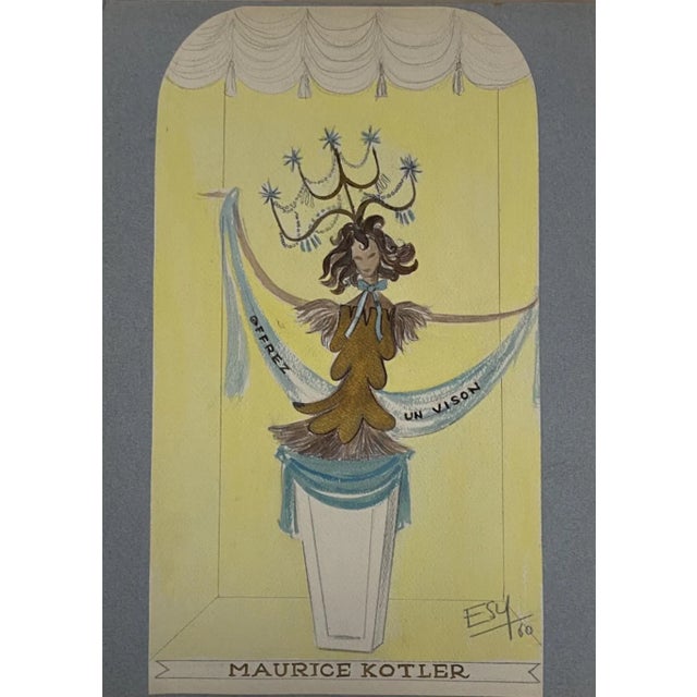 Maurice Kotler"" 1960"s is an original drawing in mixed media -ink and watercolor- on paper glued on grey cardboard,...