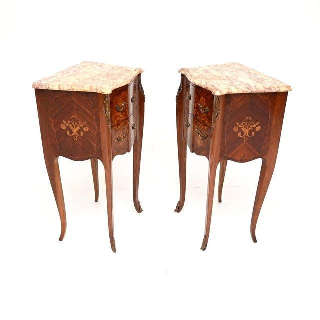 Antique French Inlaid Marble Top Bedside Chests, 1900, Set of 2 For Sale - Image 3 of 11