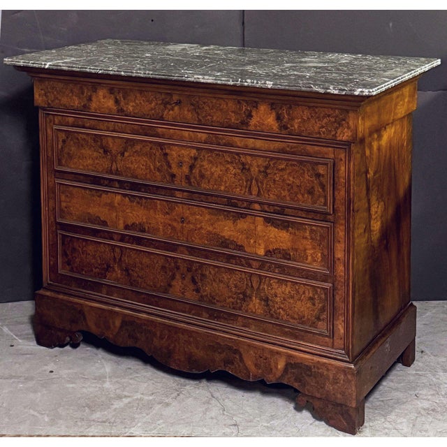 19th Century French Louis Philippe Chest or Commode of Burr Walnut With Marble Top For Sale - Image 5 of 9