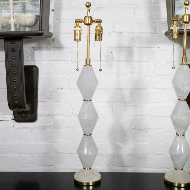 Pair of diamond shaped polished rock crystal table lamps For Sale - Image 4 of 8