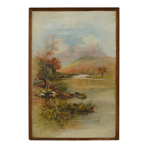 Two Early Massachusetts Paintings Boy Fishing "Beaver Pool" - "The Conway" 1897 by Gek