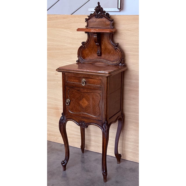 Antique French Walnut Night Stands with marble top and crest, 1900, A Pair For Sale - Image 18 of 18