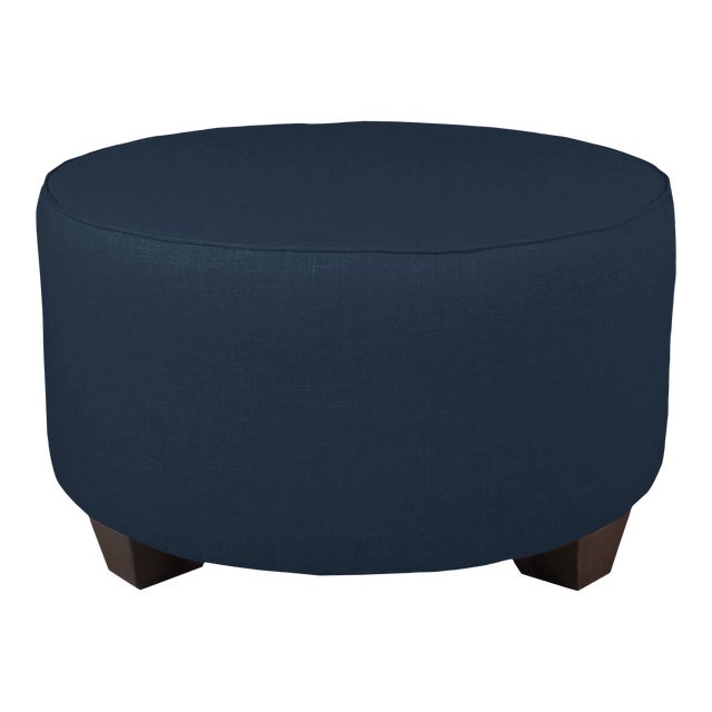 Linen Navy Round Cocktail Ottoman Chairish
