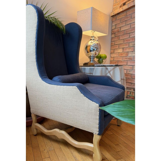 Wingback Chair in Navy Blue Linen and Tan by Restoration Hardware For Sale - Image 11 of 18