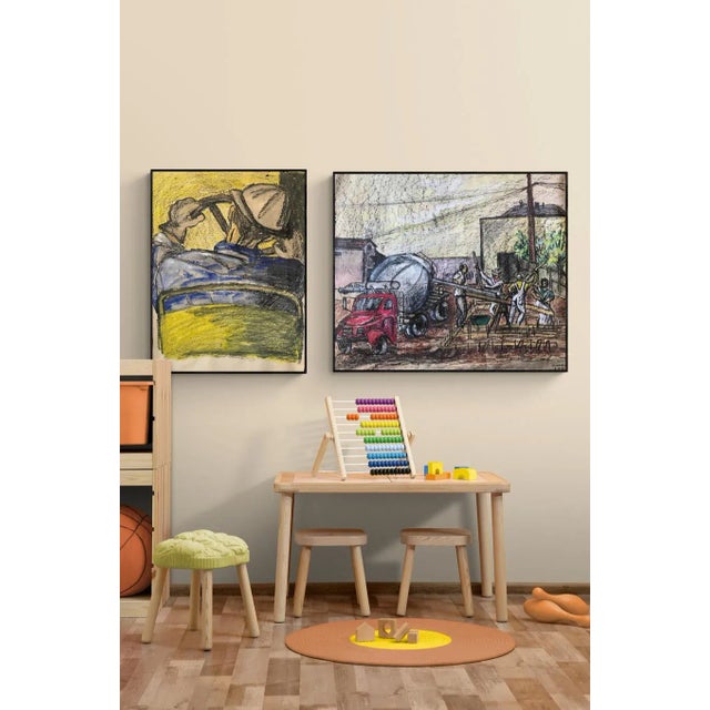 Yellow Mid Century "Driver With Hard Hat" Gouache and Oil Pastel Figurative 1960s Sf For Sale - Image 8 of 8