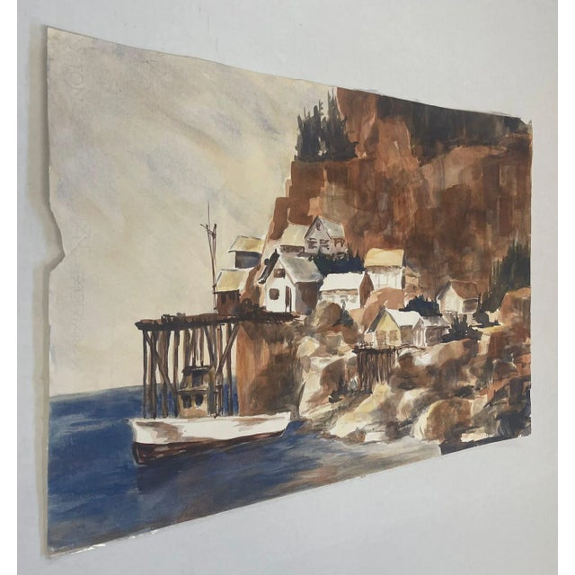 Paint Vintage Landscape Original Signed Artwork of Coastal Town. For Sale - Image 7 of 10