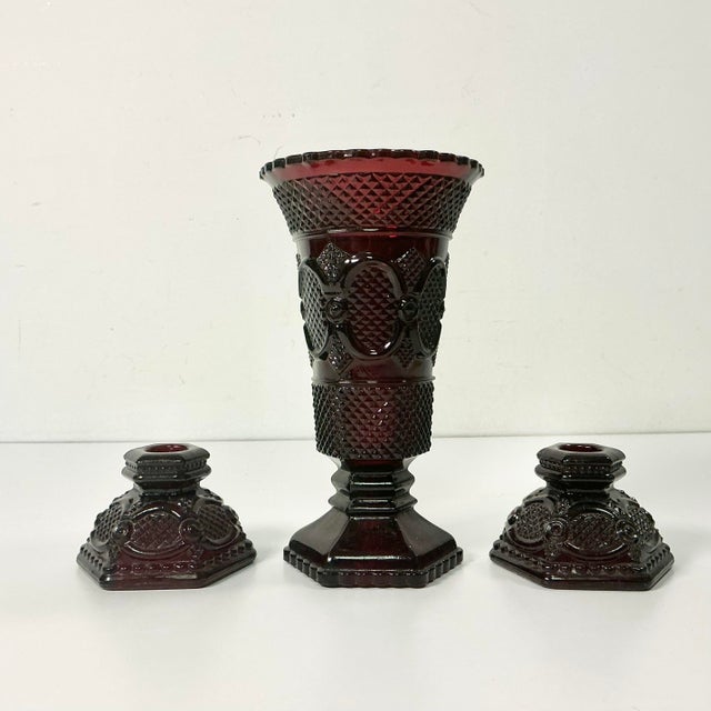 Art Deco 1970s Vintage Art Deco Depression Diamond Point Glass Centerpiece Candle Holders and Vase - Set of 3 For Sale - Image 3 of 12