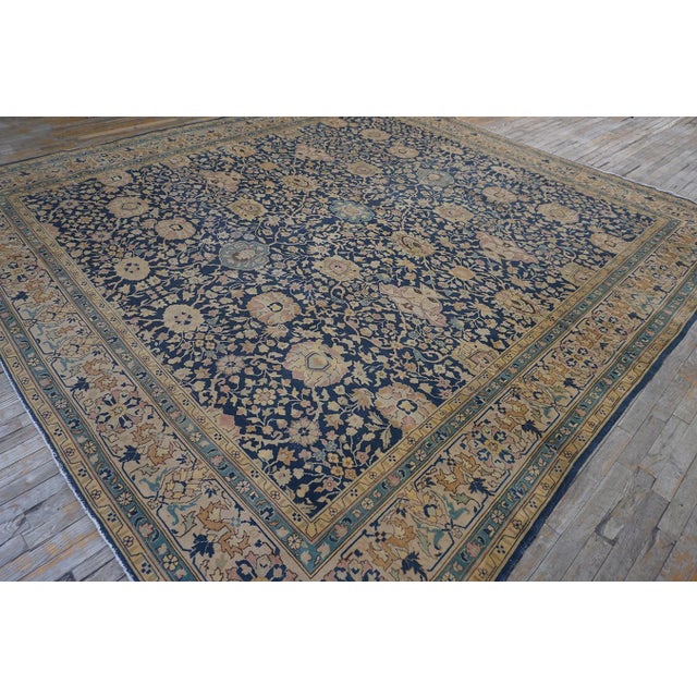 Persian 1880s Antique Navy Square Islimi Floral Finely Knotted Wool Persian Tabriz Rug For Sale - Image 3 of 9